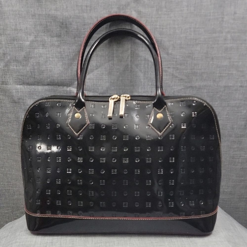 Arcadia Signature Large Blk Patent Leather Tote, Made In Italy Monogram Bag